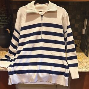 Free People Navy and Cream Striped Sweater